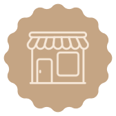 Shop icon on beige scalloped badge