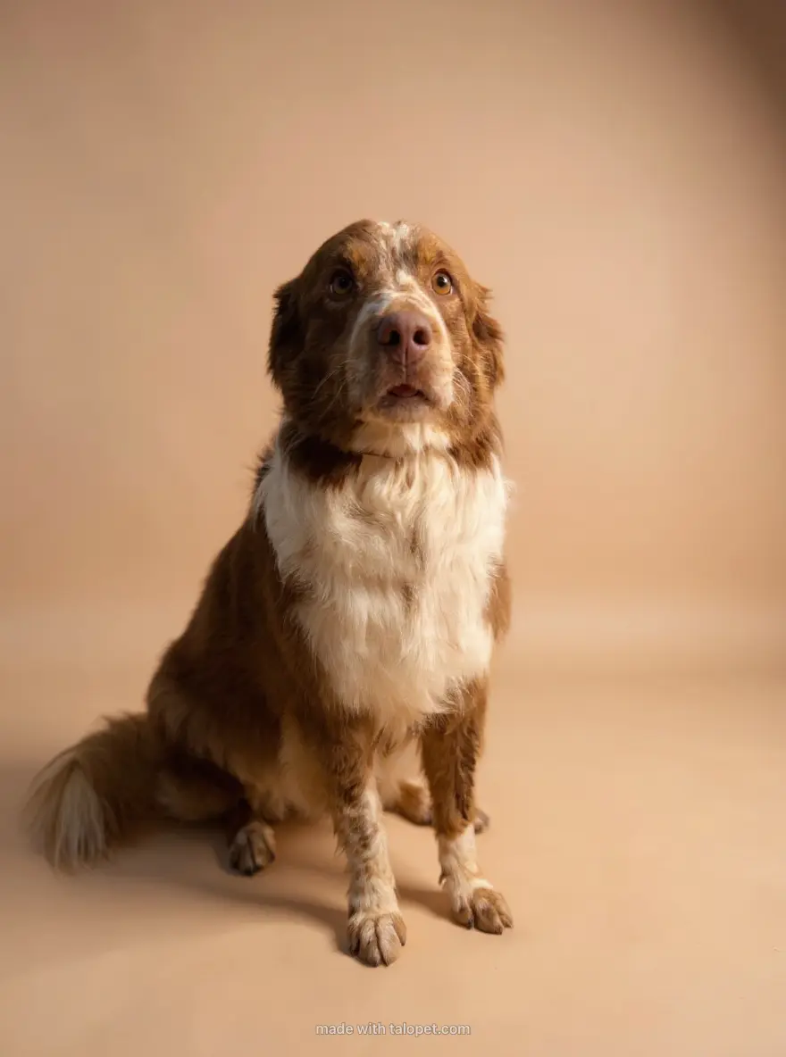 Brown and white dog sitting calmly after grooming