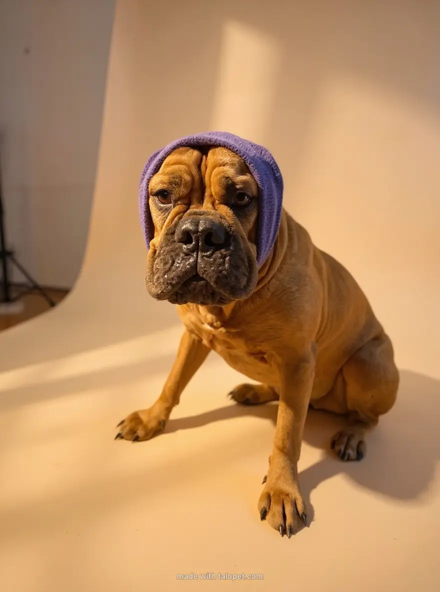 Bulldog relaxing in a towel after a calm grooming session