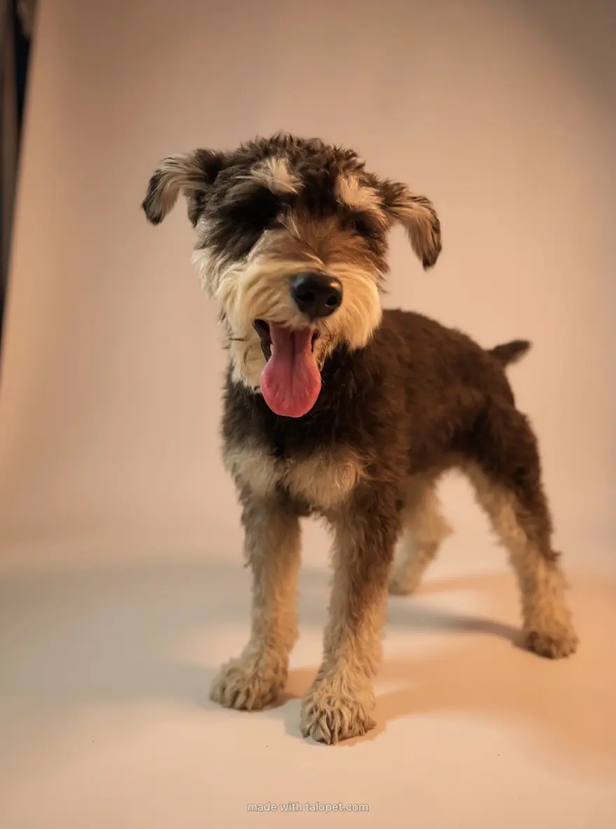 Freshly groomed schnauzer posing in a warm studio setting
