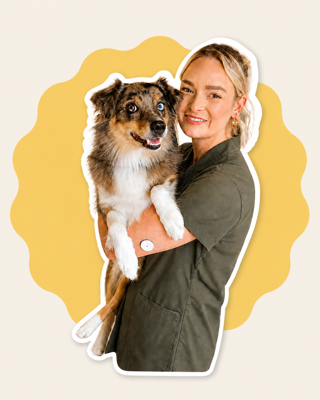 Maddy holding Mylo in an olive grooming smock, framed by a warm yellow shape