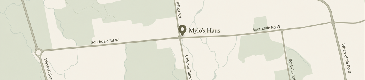 Simplified map showing Mylo’s Haus on Southdale Road West near Colonel Talbot Road.