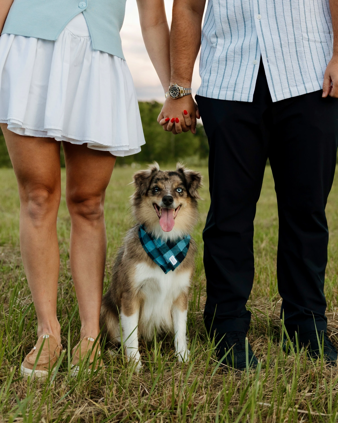 Couple holding hands with dog wearing bandana