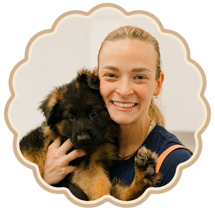 Maddy holding a puppy for individual attention at Mylo's Haus